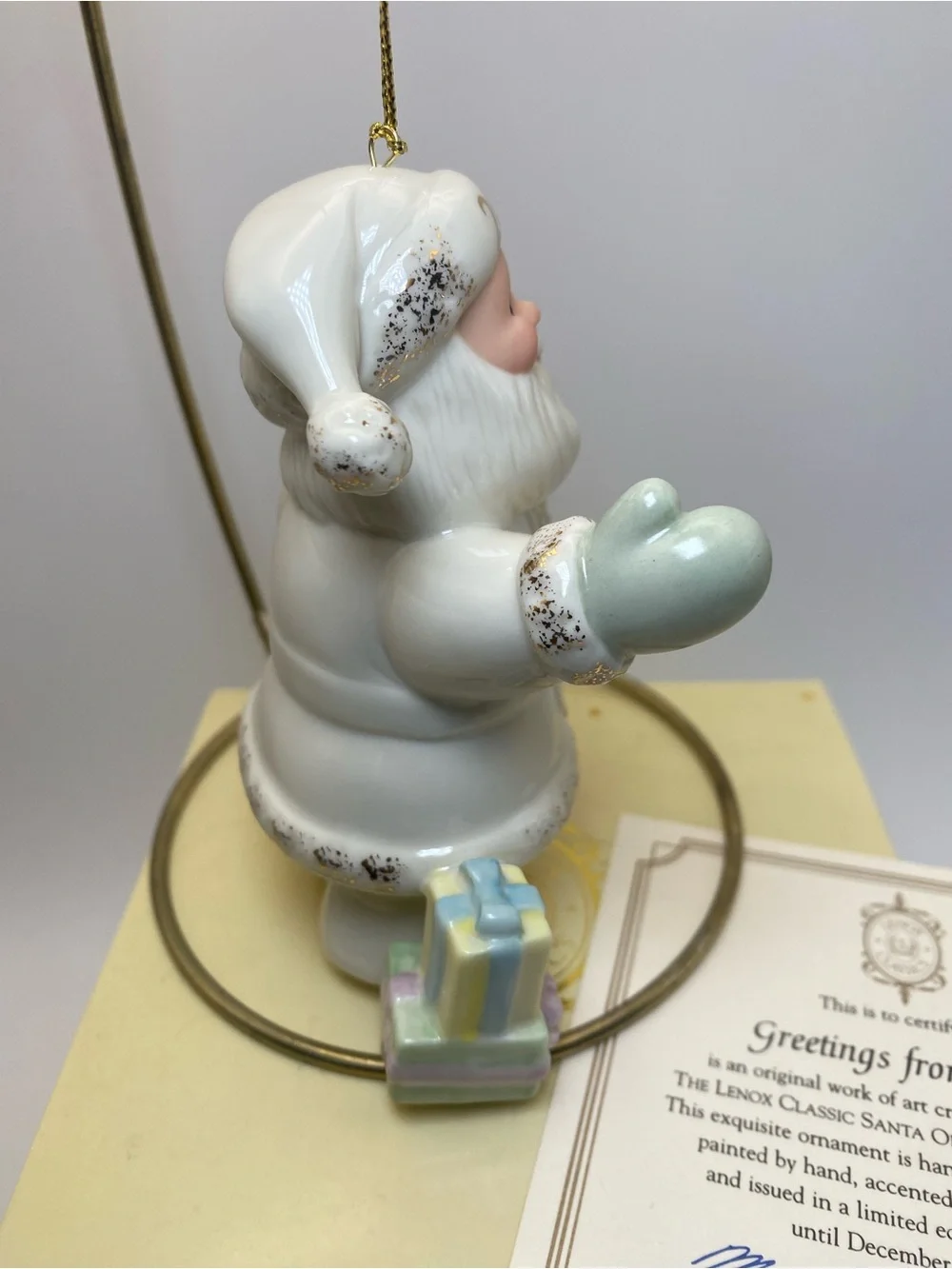 Lenox White Santa 2005 Ornament with Wreath and Pastel Gifts
